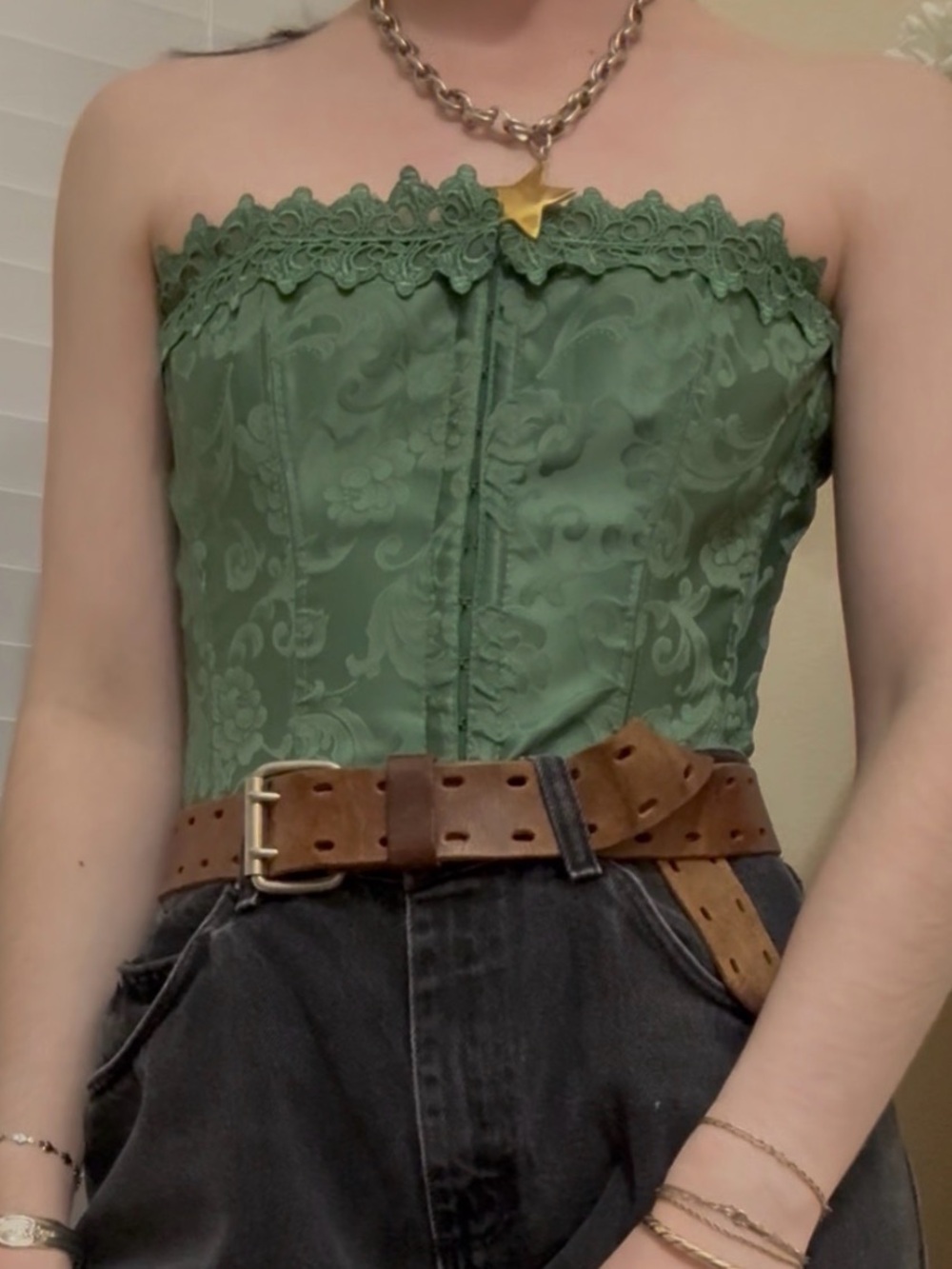 Strapless Green Lace-Trim Corset Top - Feminine Shaping